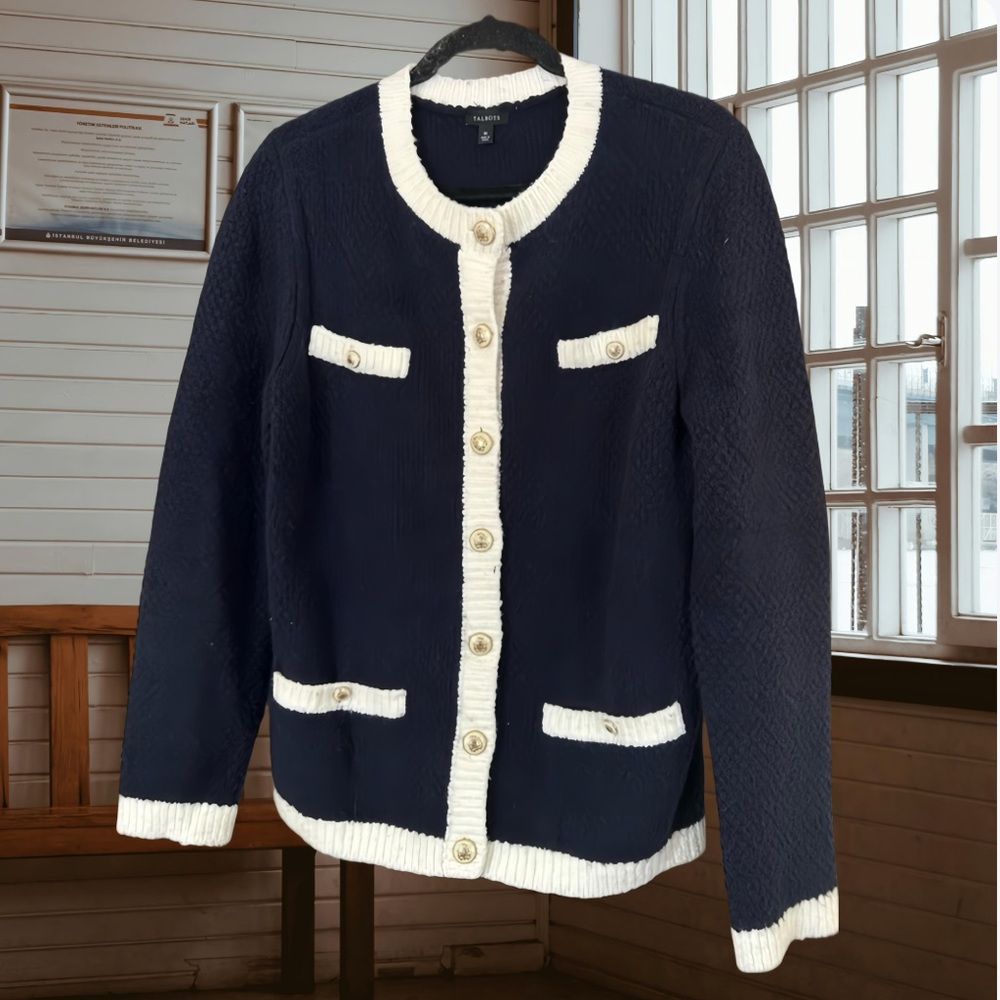 TALBOTS Boucle dipped sweater cardigan button down navy blue, white - Picture 10 of 11